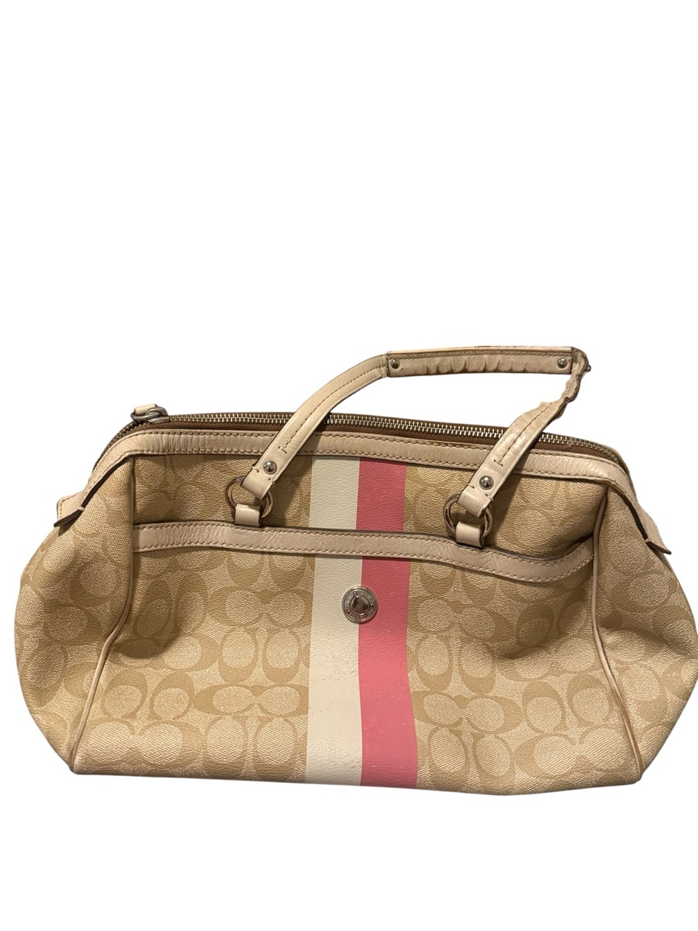 Coach Beige Satchel with Pink & Cream Center Stripe & Coach tote (no straps)